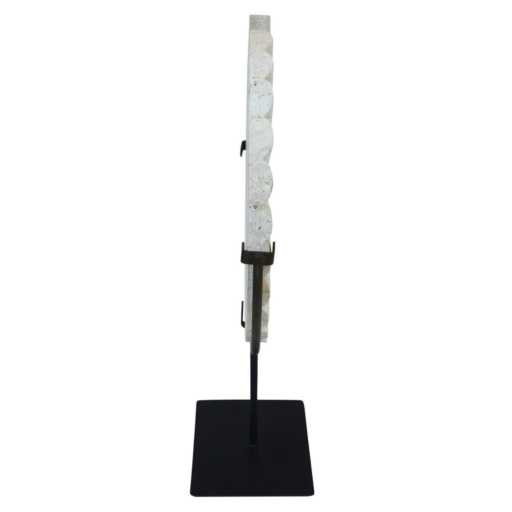 Travertine Ridged Disc Sculpture with Black Metal Base
