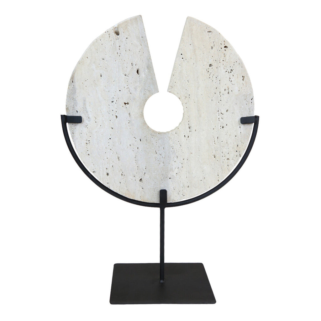 Travertine Ridged Disc Sculpture with Black Metal Base