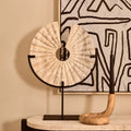 Travertine Ridged Disc Sculpture with Black Metal Base