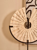 Travertine Ridged Disc Sculpture with Black Metal Base