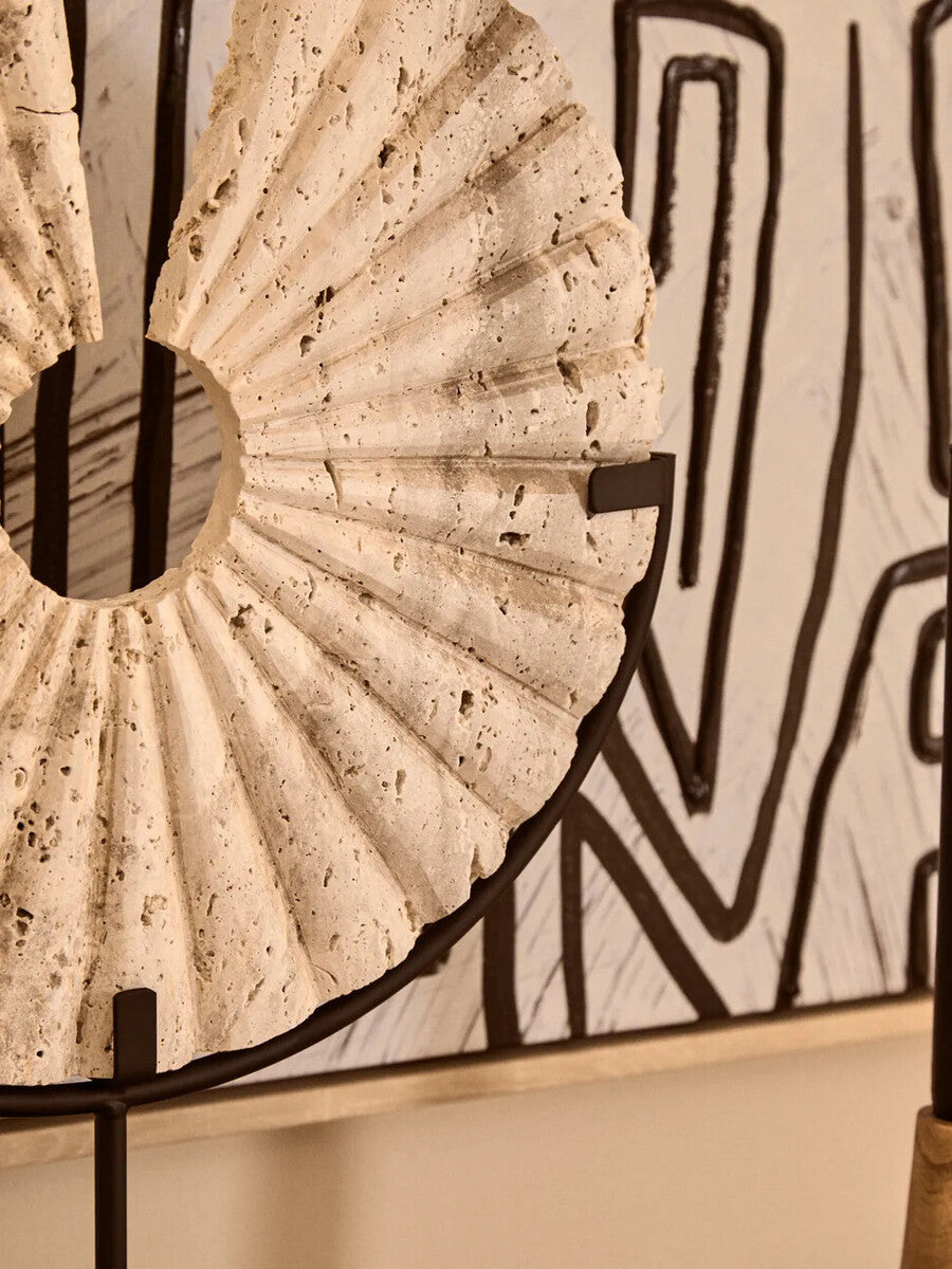 Travertine Ridged Disc Sculpture with Black Metal Base