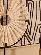 Travertine Ridged Disc Sculpture with Black Metal Base