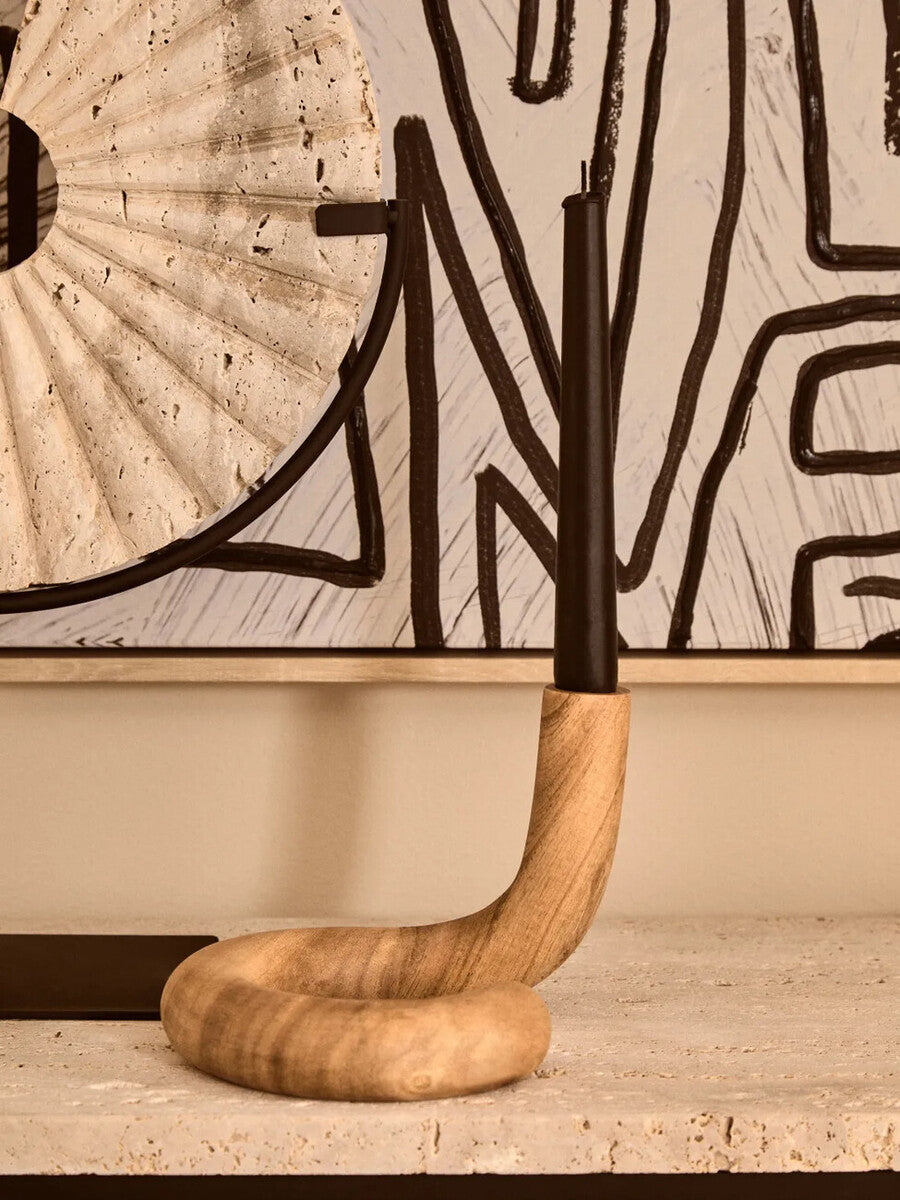 Travertine Ridged Disc Sculpture with Black Metal Base
