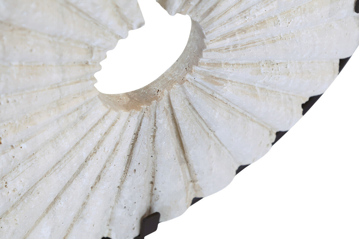 Travertine Ridged Disc Sculpture with Black Metal Base