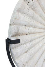 Travertine Ridged Disc Sculpture with Black Metal Base