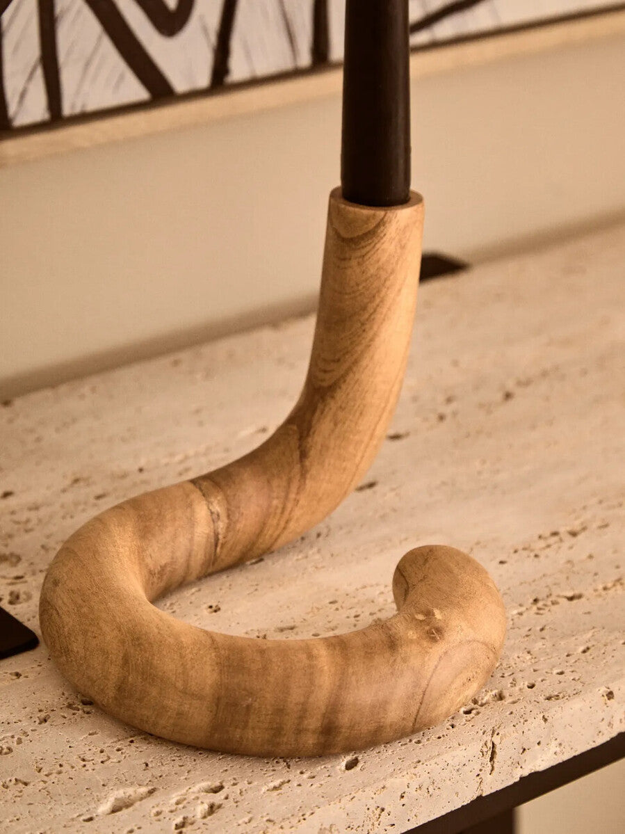 Natural Wood Candle Holder with Curved Design