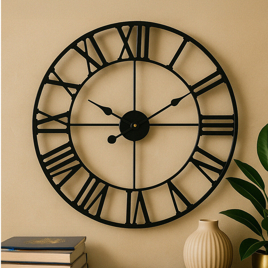 60cm Dia Black Metal Wall Clock