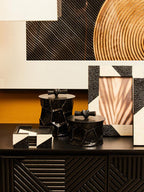 Set of 4 Black and White Ceramic Coasters with Holder
