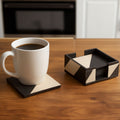 Set of 4 Black and White Ceramic Coasters with Holder