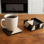 Set of 4 Black and White Ceramic Coasters with Holder