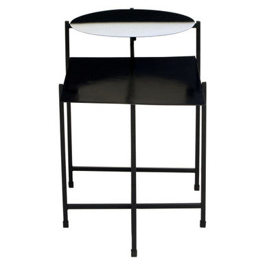 Black and White Ombre Metal Two-Tier Side Table with Circular Top and Rectangular Shelf