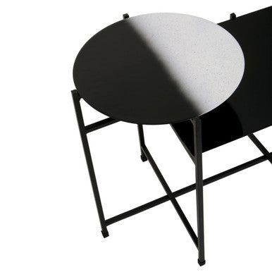 Black and White Ombre Metal Two-Tier Side Table with Circular Top and Rectangular Shelf