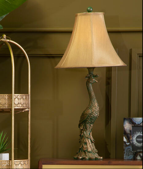 Bronze Peacock Base Table Lamp with Beige Shade