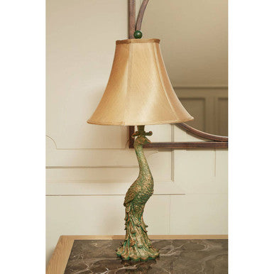 Bronze Peacock Base Table Lamp with Beige Shade