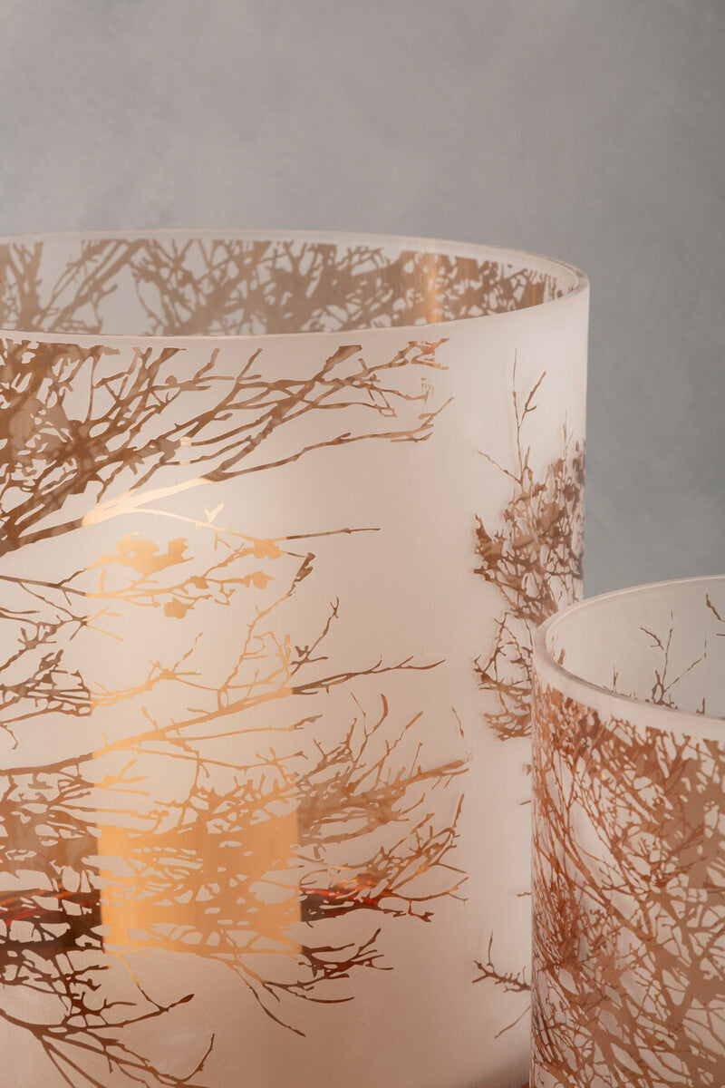Brown Etched Branch Glass Hurricane Candle Holder