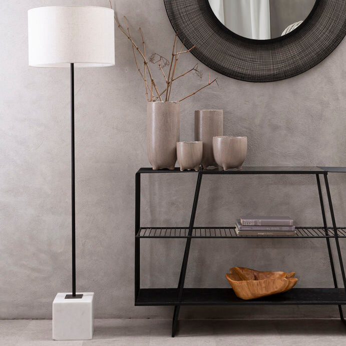 Natural Linen Shade with White Marble Base Floor Lamp