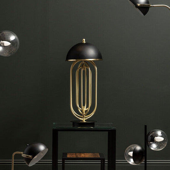 Black Open-Frame Table Lamp with Gold Swivel Joint