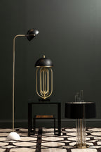 Black Open-Frame Table Lamp with Gold Swivel Joint
