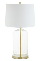 White Fabric Shade Table Lamp with Brass and Clear Glass Base