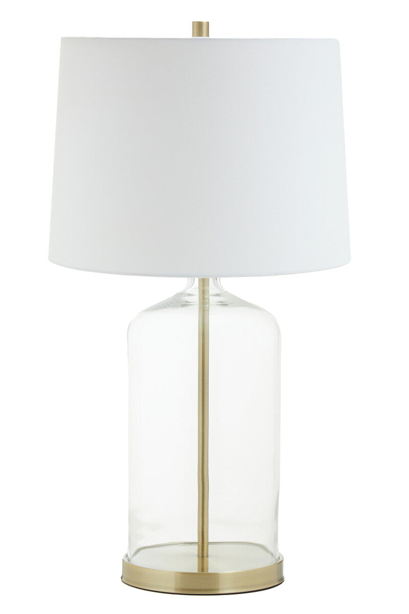 White Fabric Shade Table Lamp with Brass and Clear Glass Base