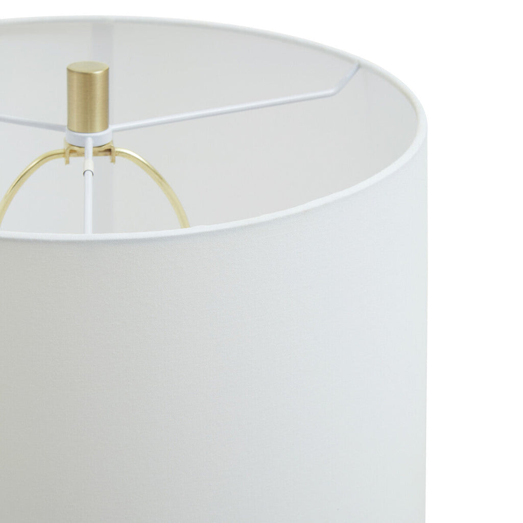 White Fabric Shade Table Lamp with Brass and Clear Glass Base