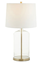 White Fabric Shade Table Lamp with Brass and Clear Glass Base