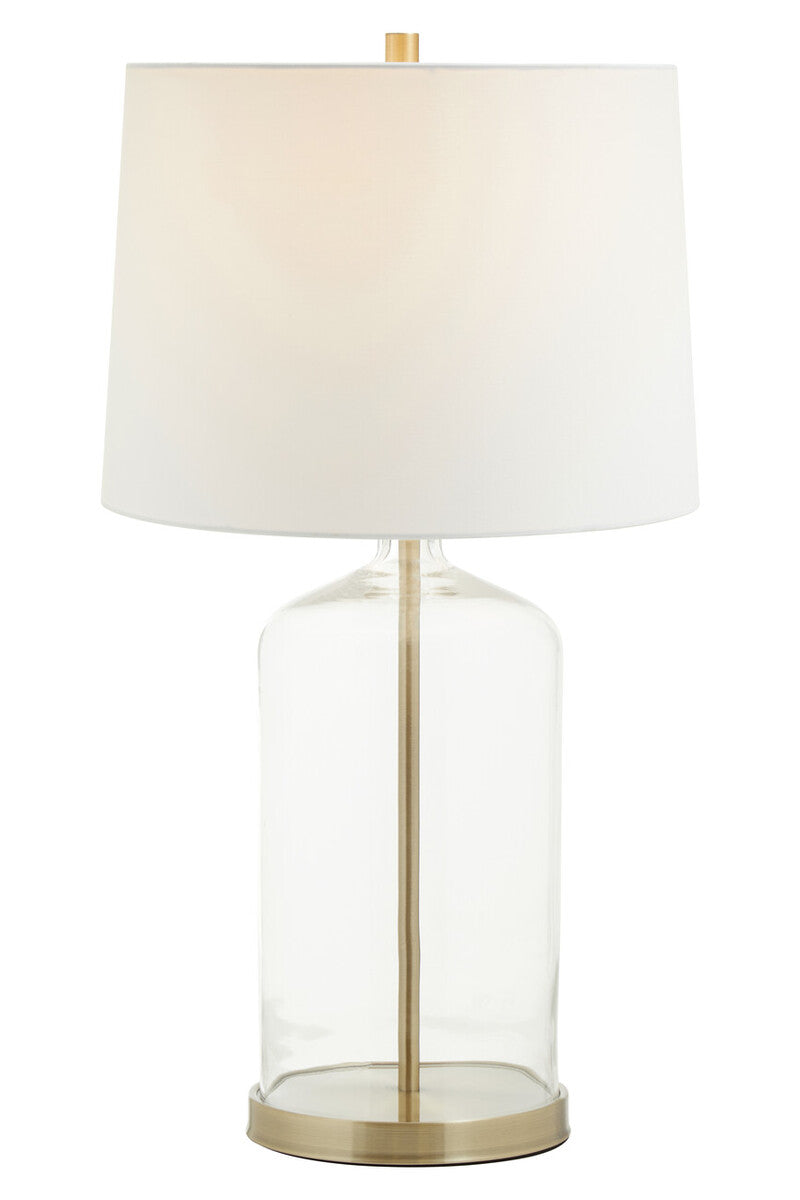 White Fabric Shade Table Lamp with Brass and Clear Glass Base