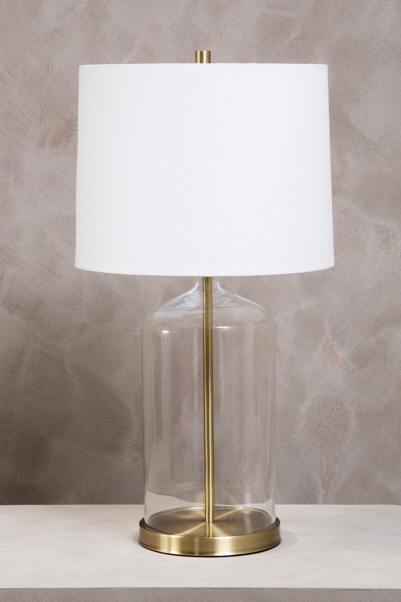 White Fabric Shade Table Lamp with Brass and Clear Glass Base