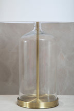 White Fabric Shade Table Lamp with Brass and Clear Glass Base