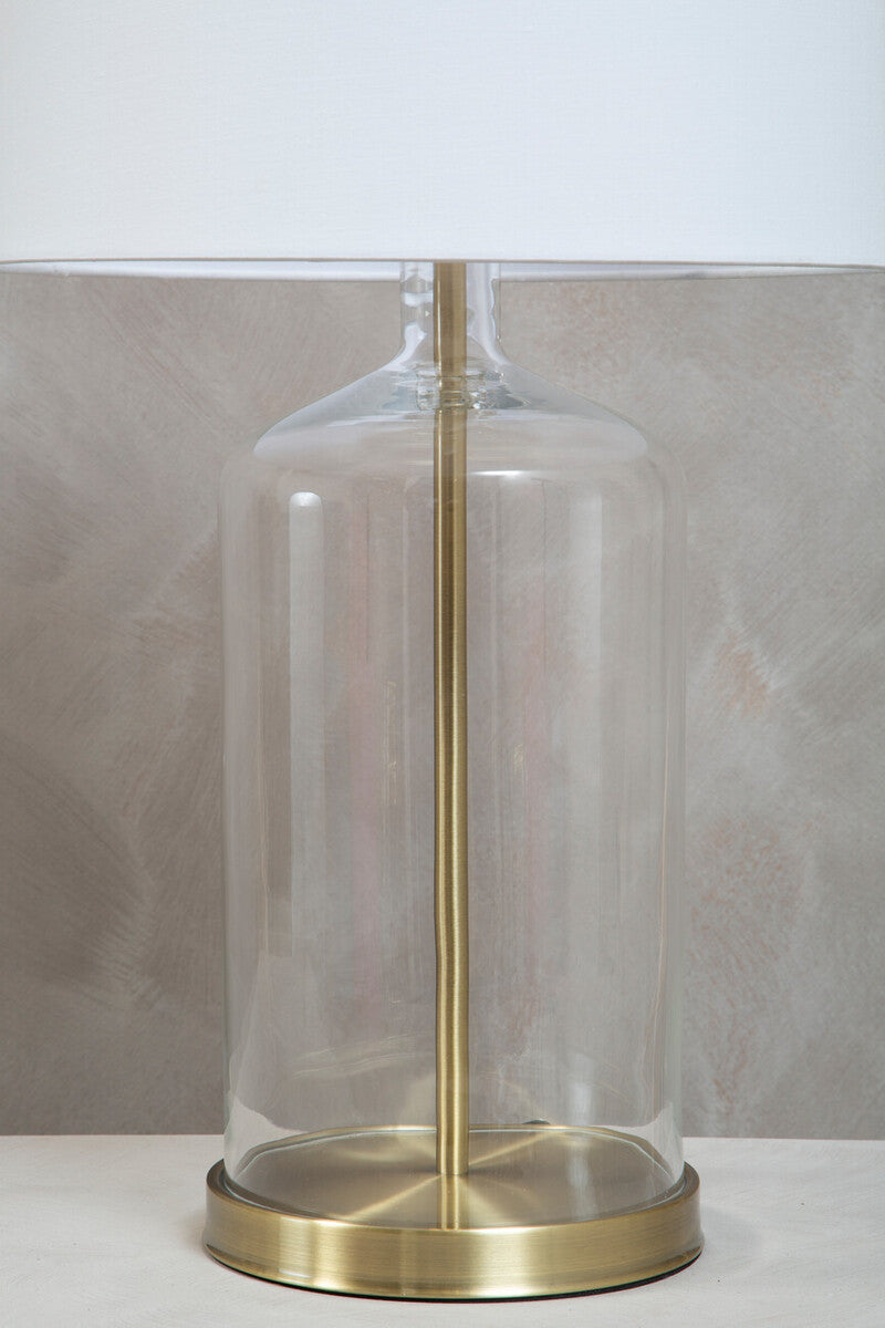 White Fabric Shade Table Lamp with Brass and Clear Glass Base