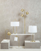 White Fabric Shade Table Lamp with Brass and Clear Glass Base