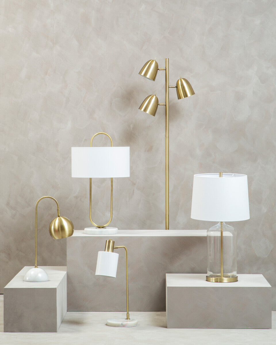 White Fabric Shade Table Lamp with Brass and Clear Glass Base