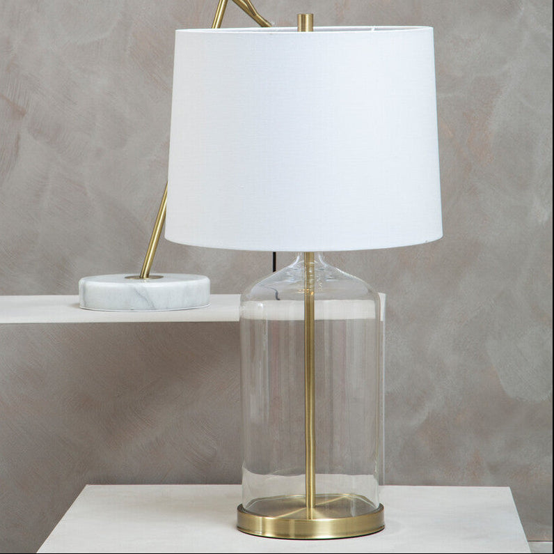 White Fabric Shade Table Lamp with Brass and Clear Glass Base