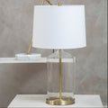 White Fabric Shade Table Lamp with Brass and Clear Glass Base