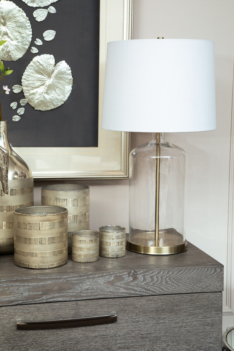 White Fabric Shade Table Lamp with Brass and Clear Glass Base