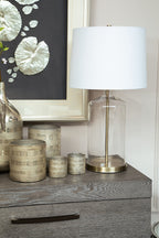 White Fabric Shade Table Lamp with Brass and Clear Glass Base