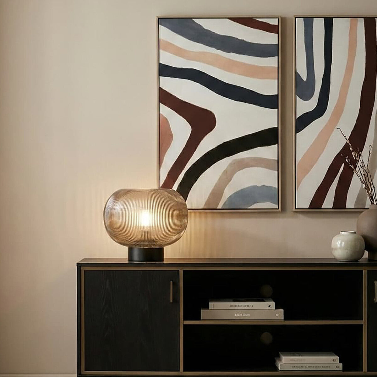Large Ribbed Smoked Glass Table Lamp
