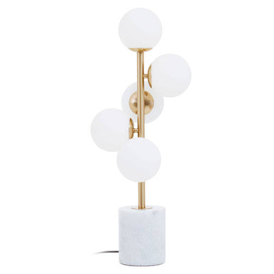 White Marble 5-Bulb Table Lamp with Brushed Brass Finish