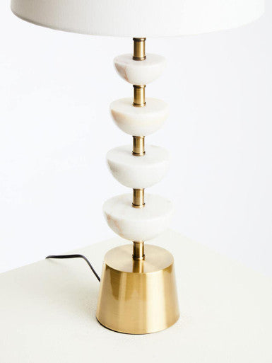 White Marble and Gold Stem Table Lamp with Linen Shade