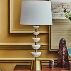 White Marble and Gold Stem Table Lamp with Linen Shade