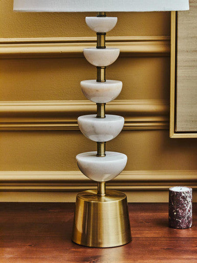 White Marble and Gold Stem Table Lamp with Linen Shade