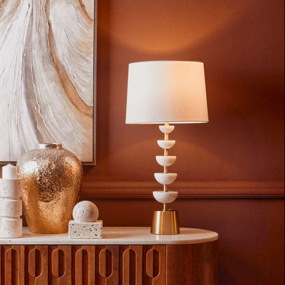 White Marble and Gold Stem Table Lamp with Linen Shade