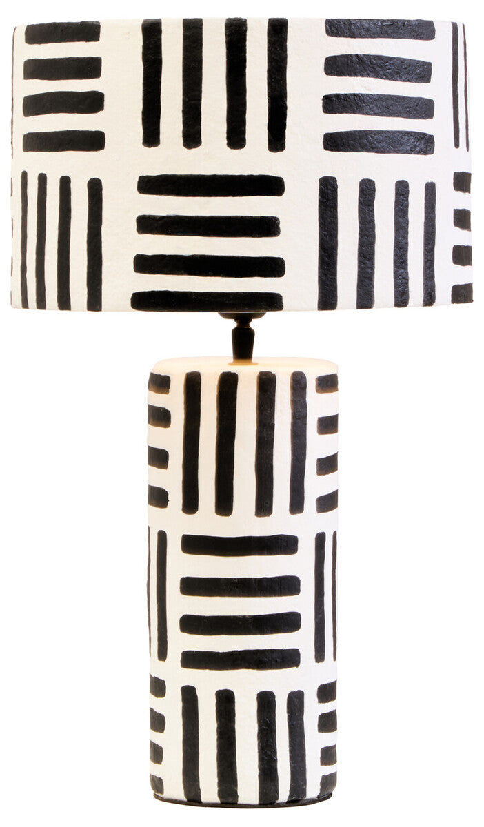 Black and White Papier Mache Table Lamp with Geometric Lines
