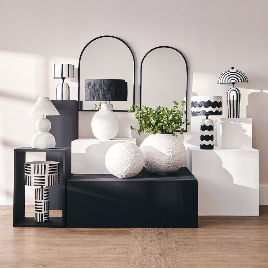 Black and White Papier Mache Table Lamp with Geometric Lines