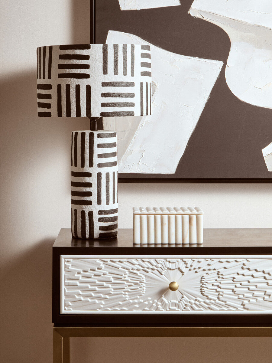 Black and White Papier Mache Table Lamp with Geometric Lines