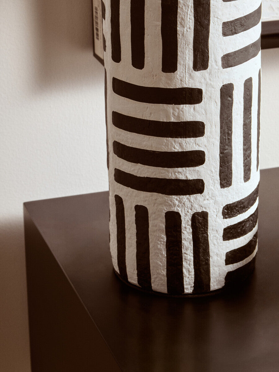 Black and White Papier Mache Table Lamp with Geometric Lines