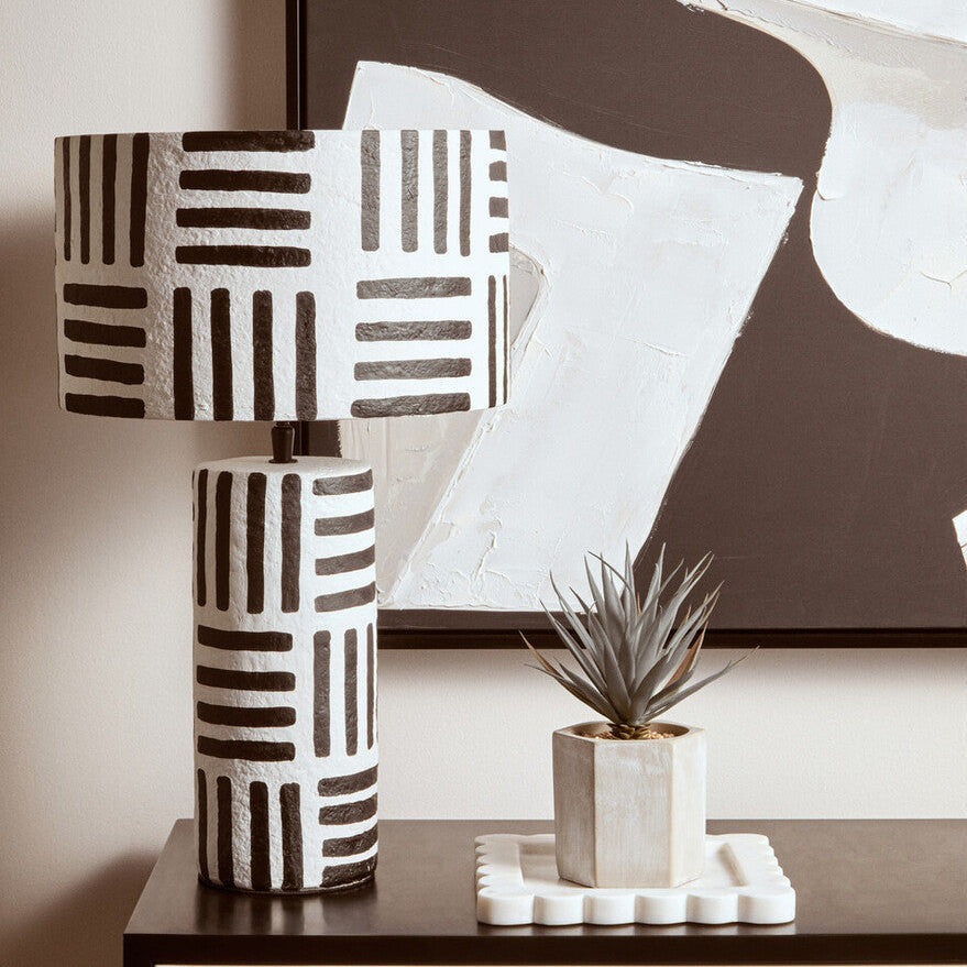 Black and White Papier Mache Table Lamp with Geometric Lines