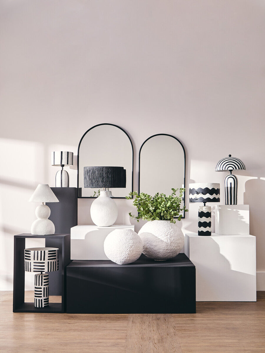 Black and White Papier Mache Table Lamp with Geometric Lines