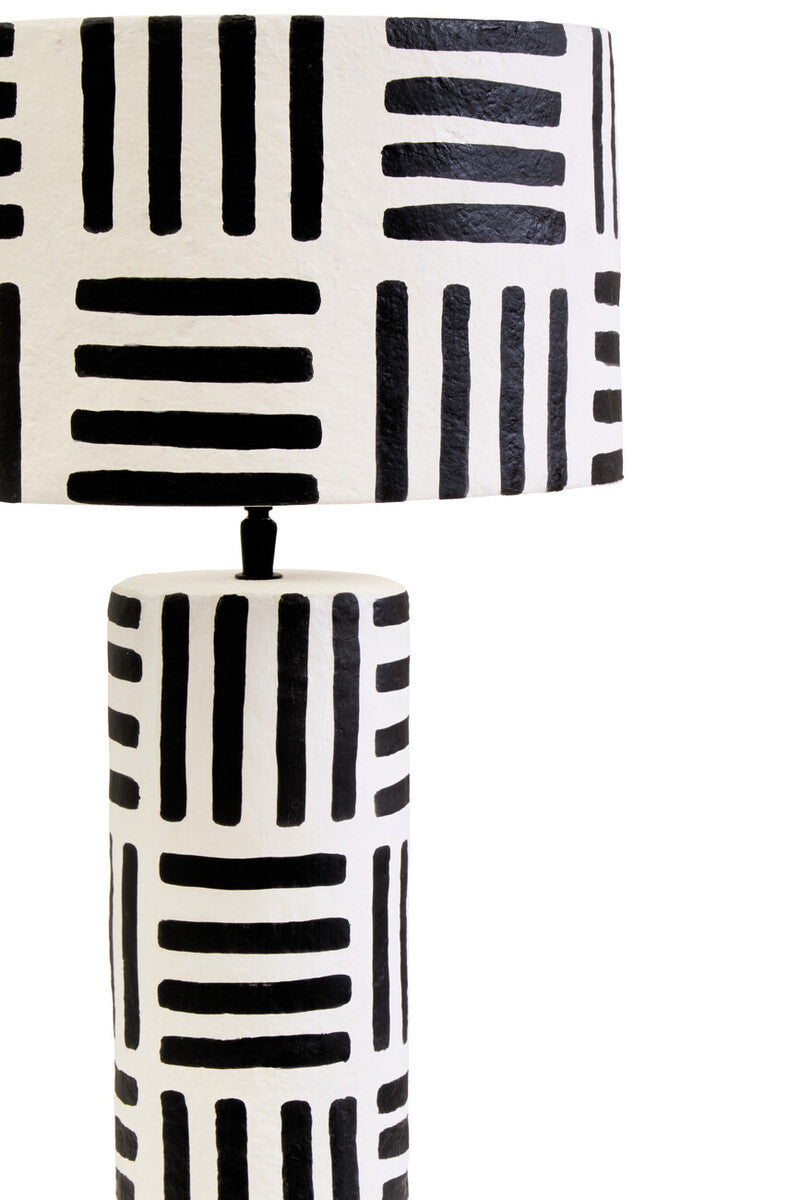 Black and White Papier Mache Table Lamp with Geometric Lines