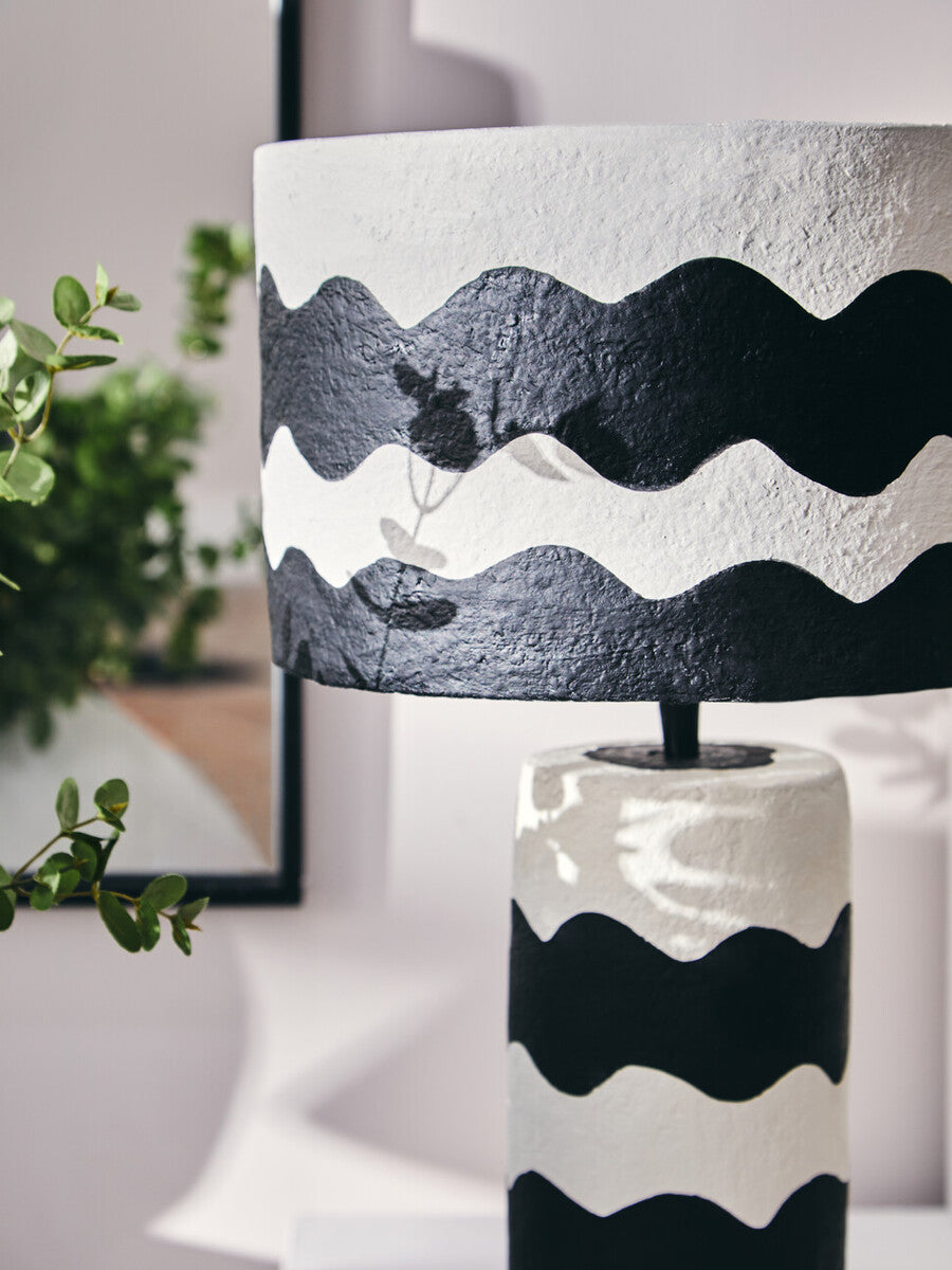 Black and White Curved Stripe Papier Mache Table Lamp